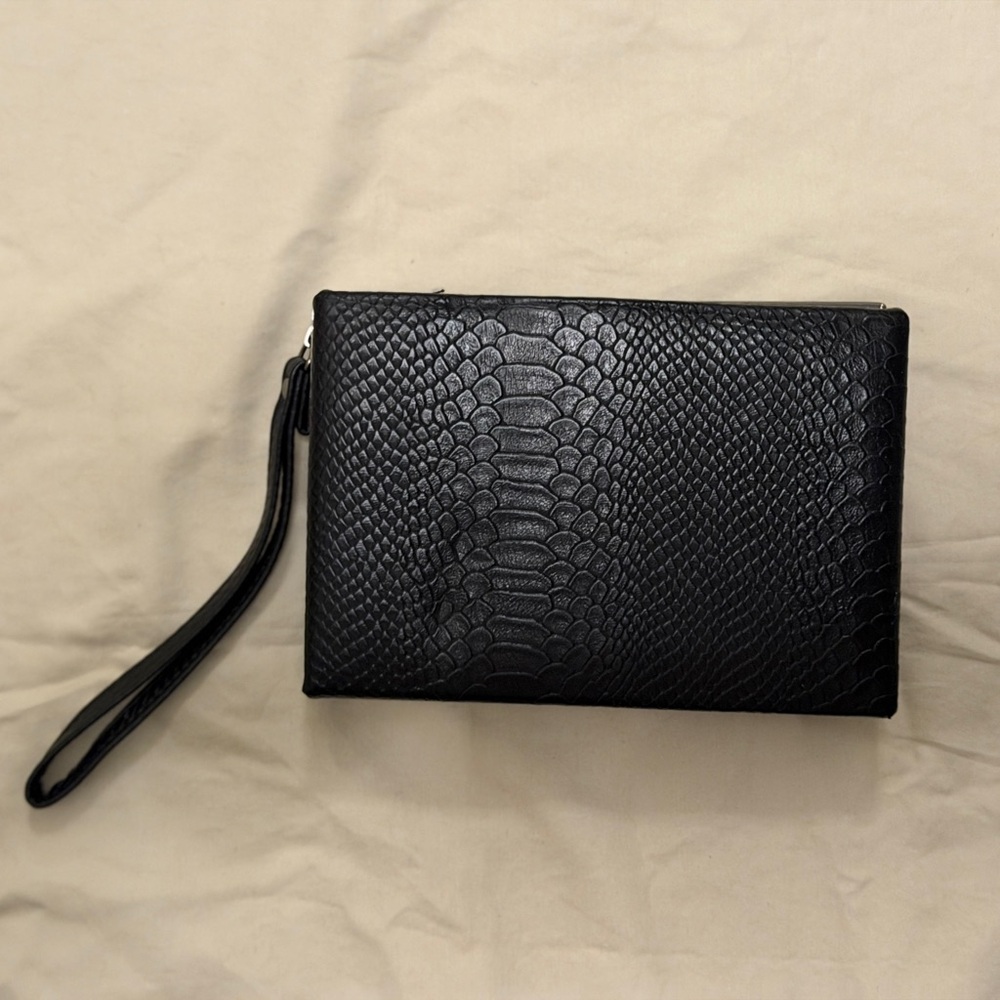 Small Black Textured Structured Wristlet Clutch